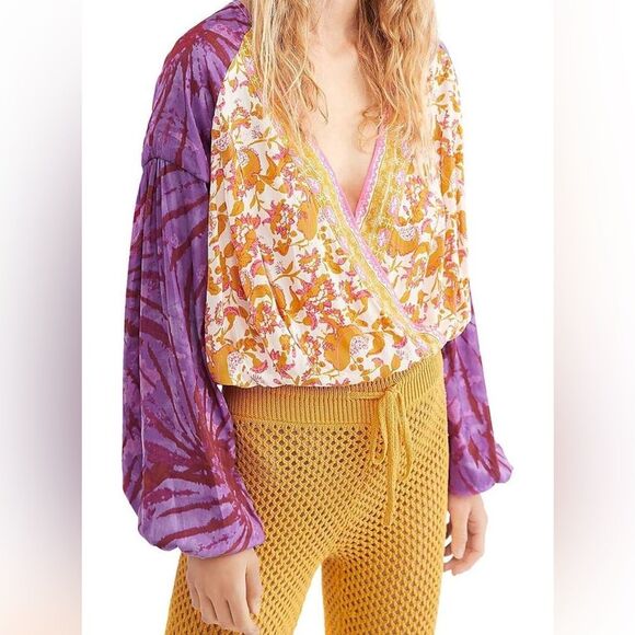 Free People Cruisin Together multi Print yellow and purple blouse size XS - Picture 6 of 12